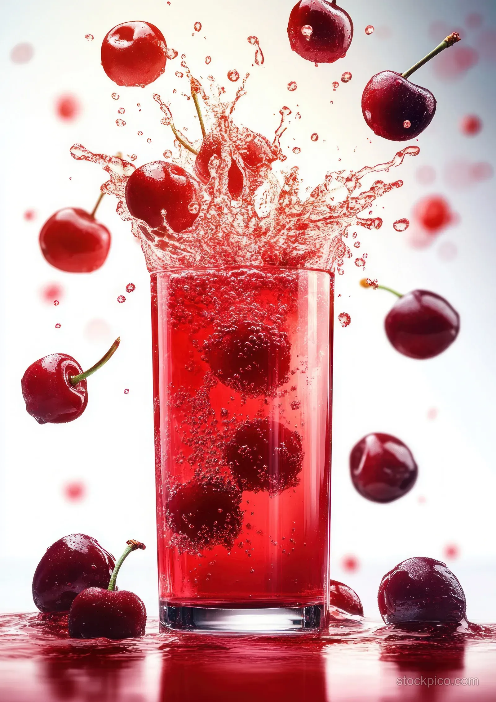 A glass of red cherry juice with splashes and several cherries flying around on a white background.