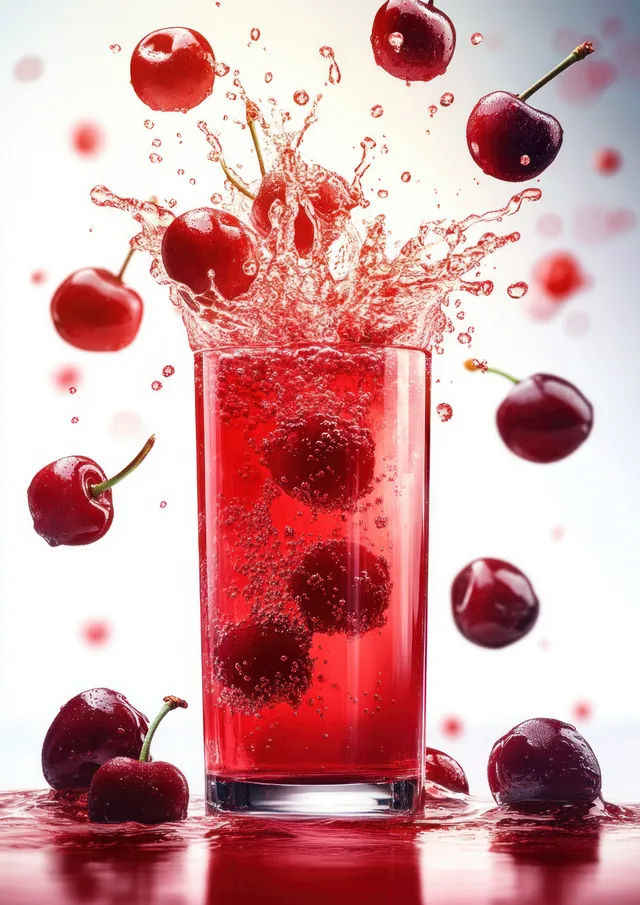 A glass of red cherry juice with splashes and several cherries flying around on a white background.