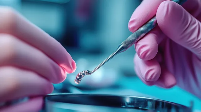 Gloved dentist hands hold a dental tool while adjusting a dental crown inside a clinical workspace.