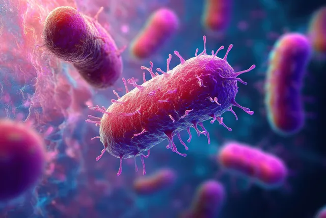 Rod-shaped bacteria with visible pili appendages float in a colorful microscopic environment.