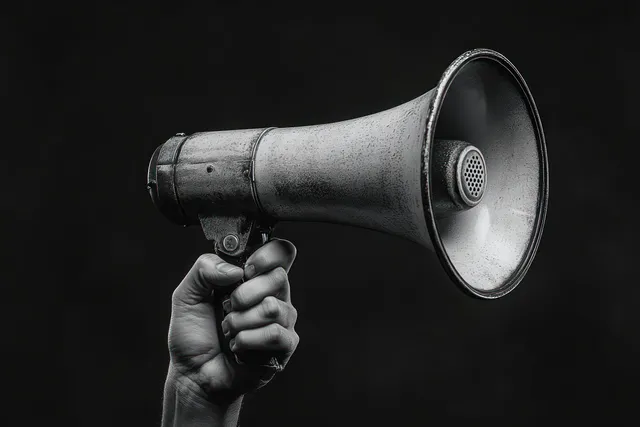 A hand grips an old megaphone in monochrome, projecting urgency against a dark background.