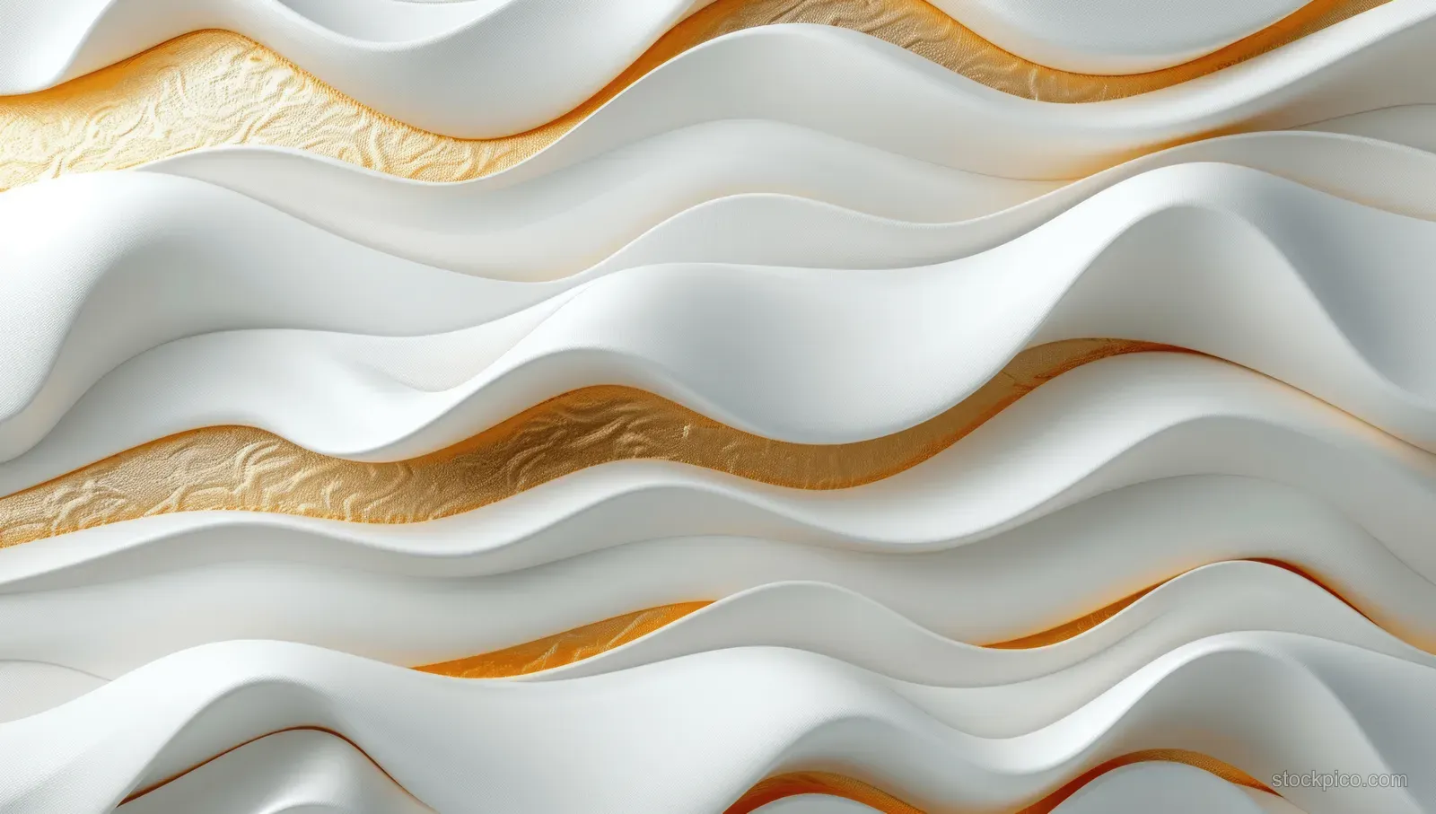 Wavy white and gold art deco pattern with repeating rounded folds and curved arcs on a white background.
