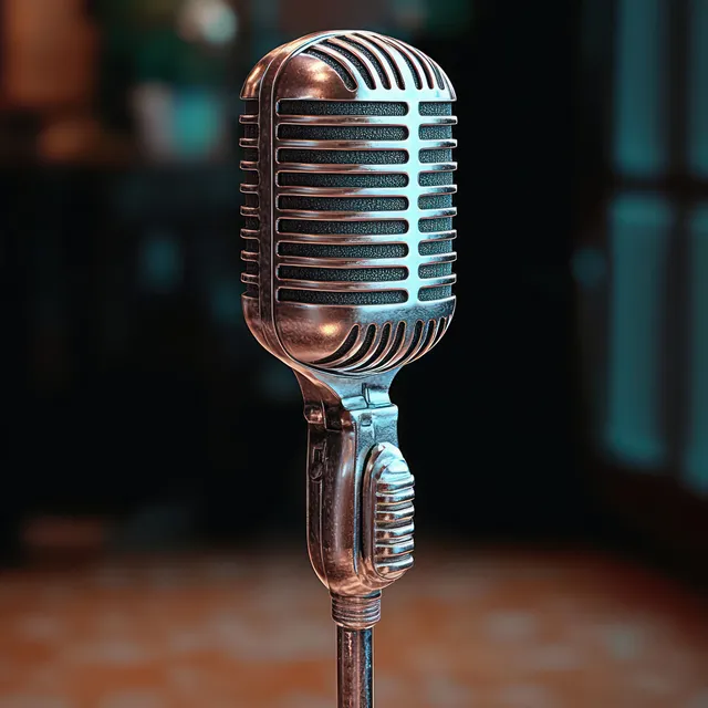 Vintage silver microphone with a metal grille on a stand against a blurred dim indoor background.