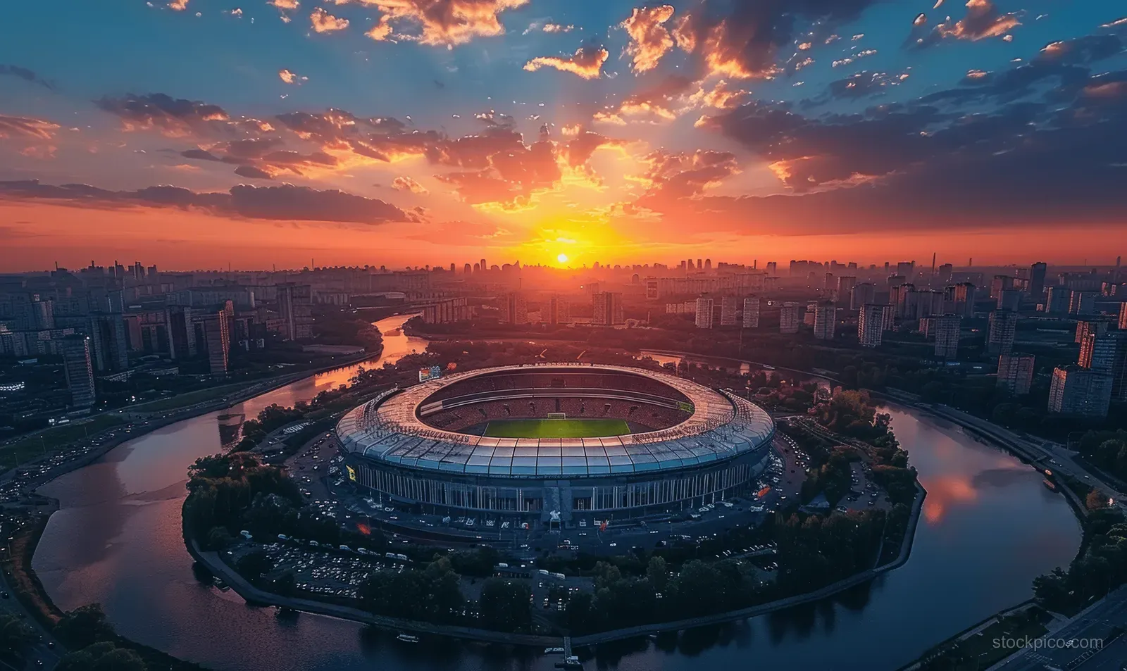 Aerial view of Kharkiv National Stadium at sunset with the pitch lit and city skyline along a winding river.