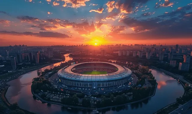 Aerial view of Kharkiv National Stadium at sunset with the pitch lit and city skyline along a winding river.