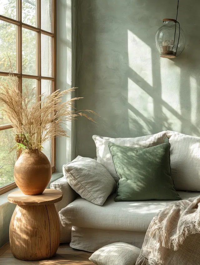 Gray sofa with mint cushions beside a wooden side table holding a terracotta vase of dried grass under window light.