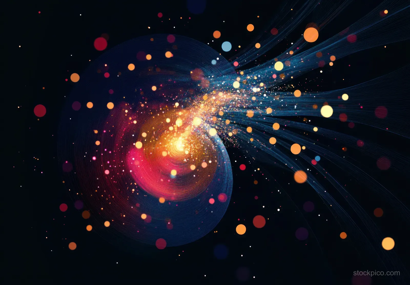 A glowing spiral cosmic vortex radiates light trails and scattered particles across a dark space background.
