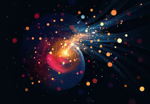 A glowing spiral cosmic vortex radiates light trails and scattered particles across a dark space background.
