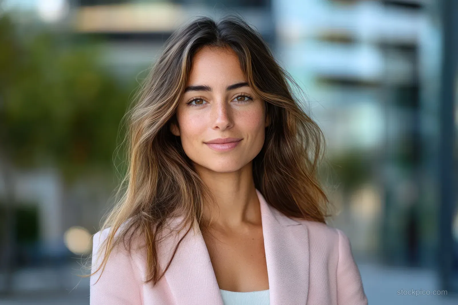 Smiling woman in a pastel blazer stands outdoors with blurred city buildings in the background.