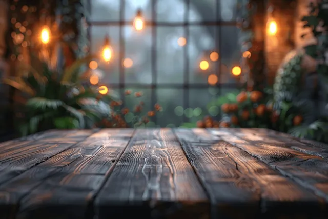 Wooden tabletop with glowing bokeh lights background for restaurant display mockup