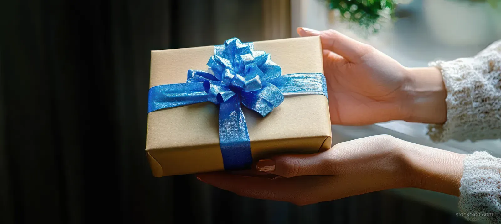 Two hands exchange a wrapped gift box with a bright blue ribbon under warm soft lighting.