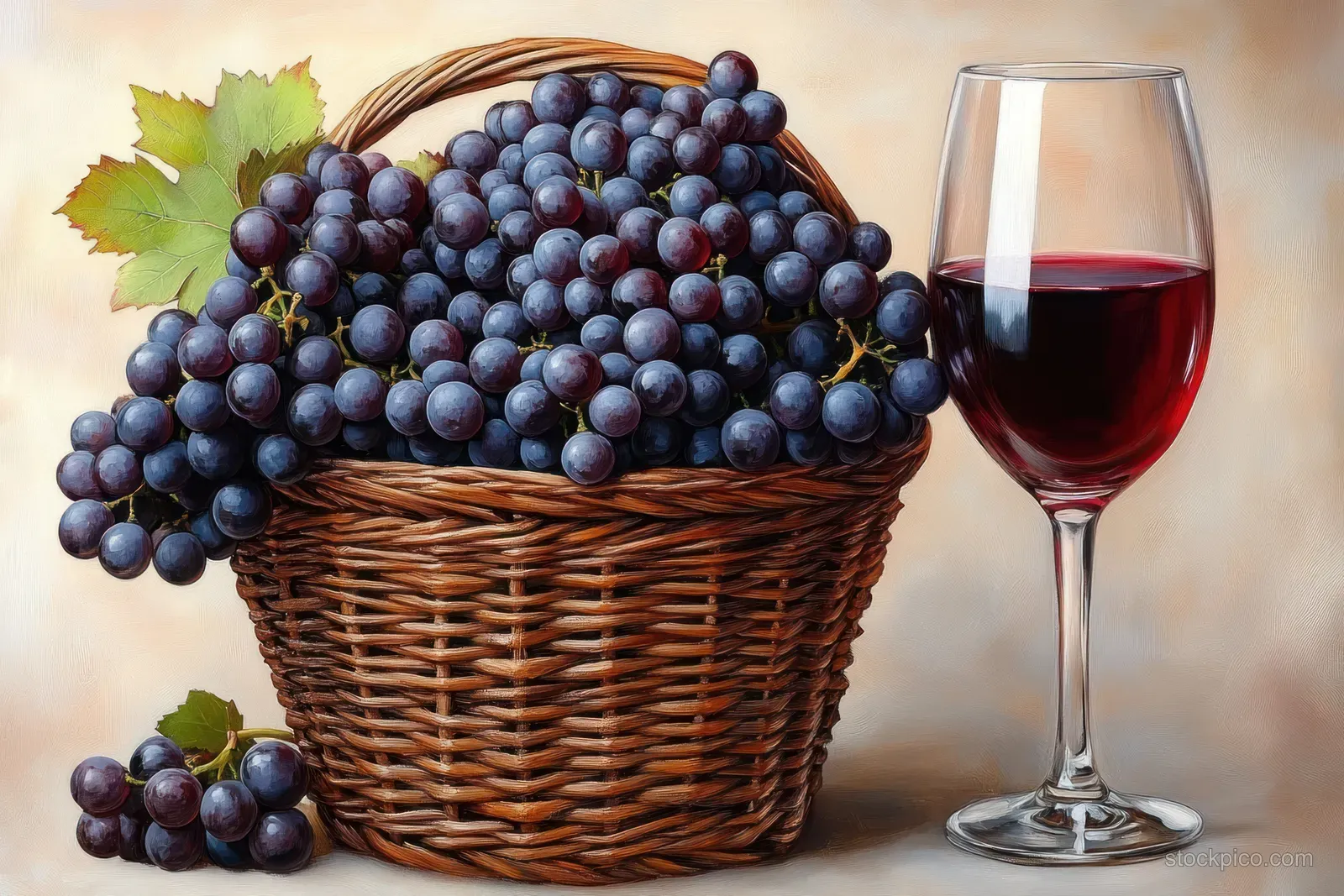 Wicker basket of dark purple grapes with leaves beside a half-filled glass of red wine on a light background.