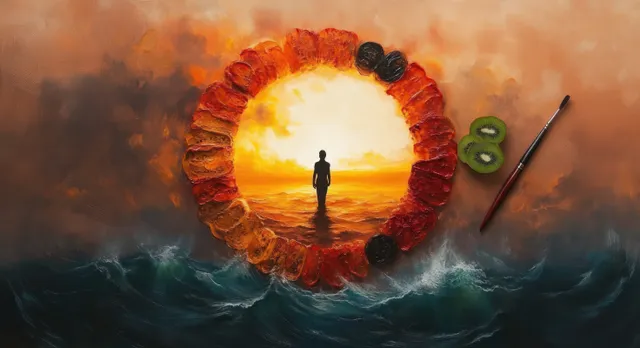 Silhouette figure stands inside a warm glowing circle over ocean waves, kiwi slices nearby