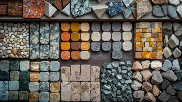 Architect hand choosing a stone tile sample from a wall-mounted display of mixed textures and colors.