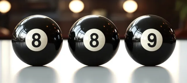 Three glossy black billiard balls with numbers 8, 8, and 9 arranged in a row on a reflective surface.