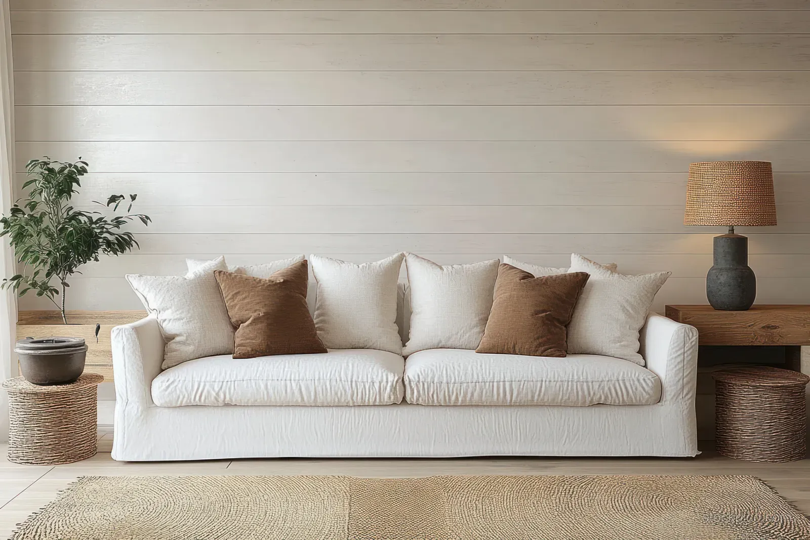 White Scandinavian sofa with beige pillows sits in a bright living room beside warm lamp lighting and light wood decor.