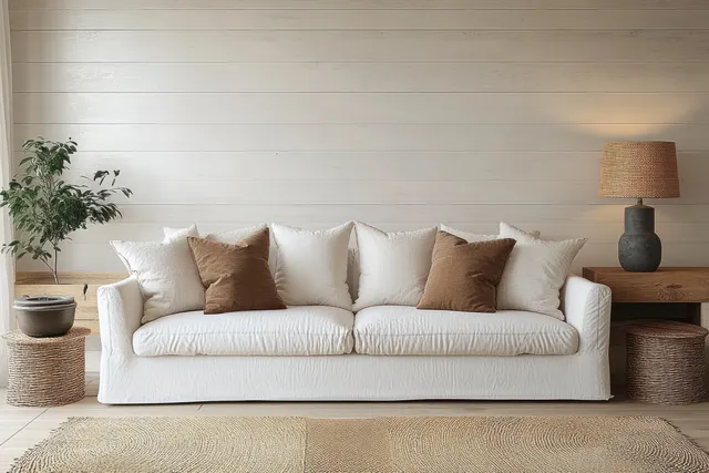 White Scandinavian sofa with beige pillows sits in a bright living room beside warm lamp lighting and light wood decor.