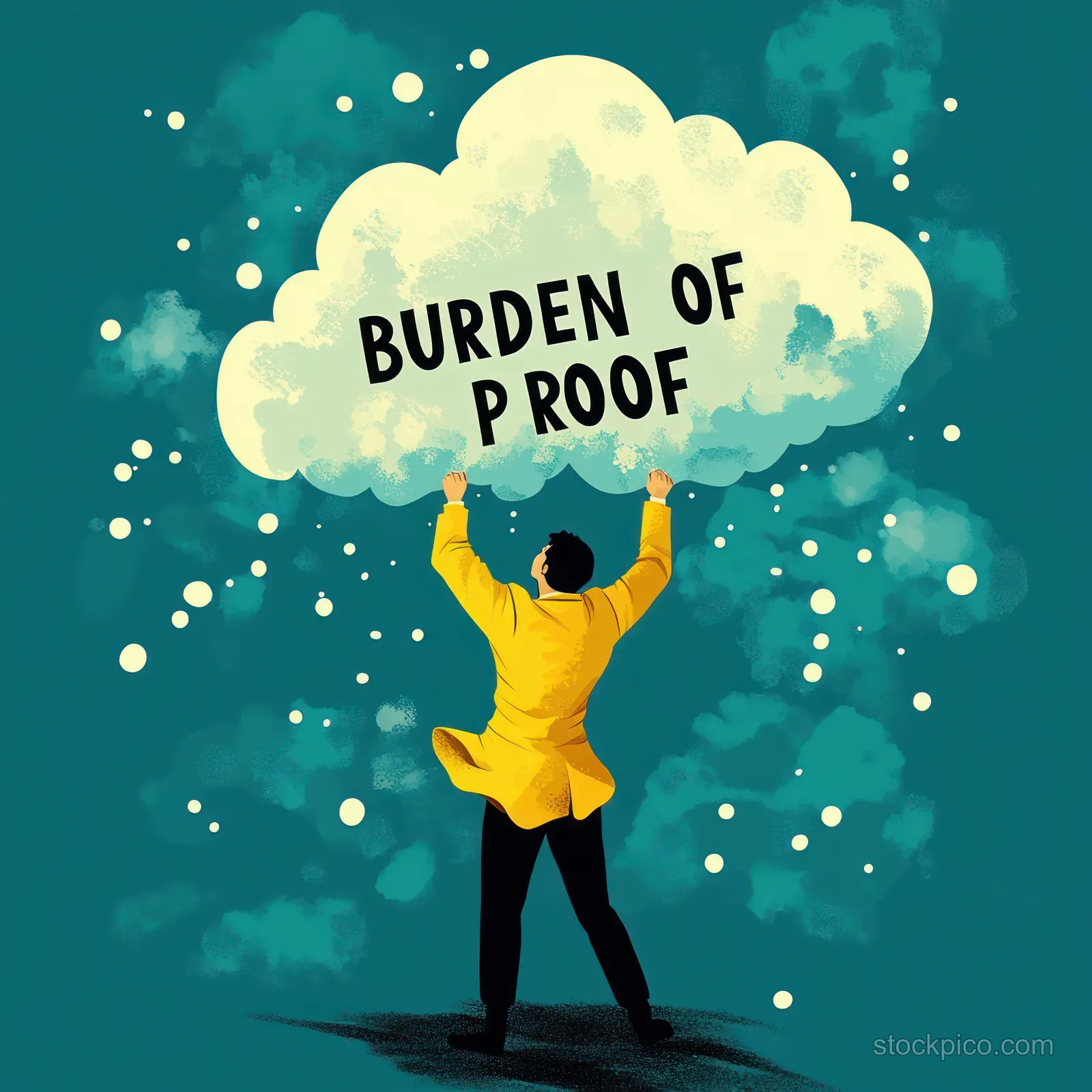 Person in a yellow coat lifts a large cloud marked “burden of proof” against dark blue with scattered white dots.