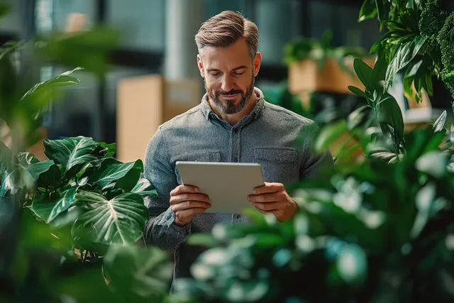 A smiling man reads a tablet while holding coffee in a green office surrounded by plants.