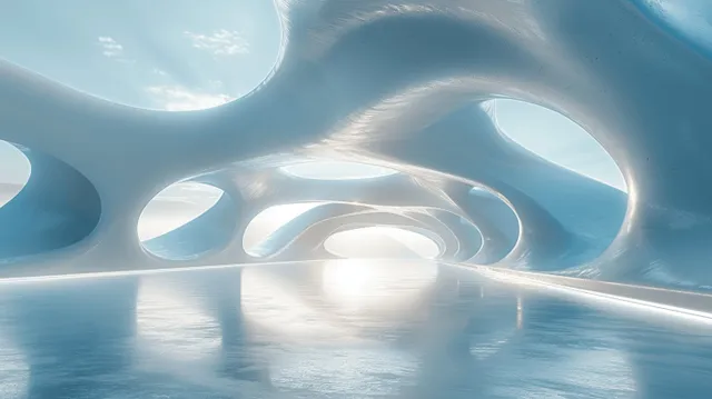Futuristic abstract architecture interior with empty concrete floor and glowing curved tunnels