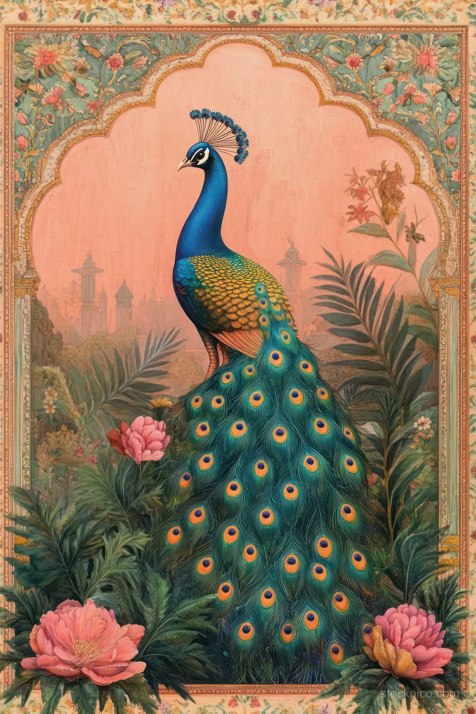 A blue peacock spreads its patterned tail feathers in a Mughal garden with roses, palm leaves, and small temple figures.