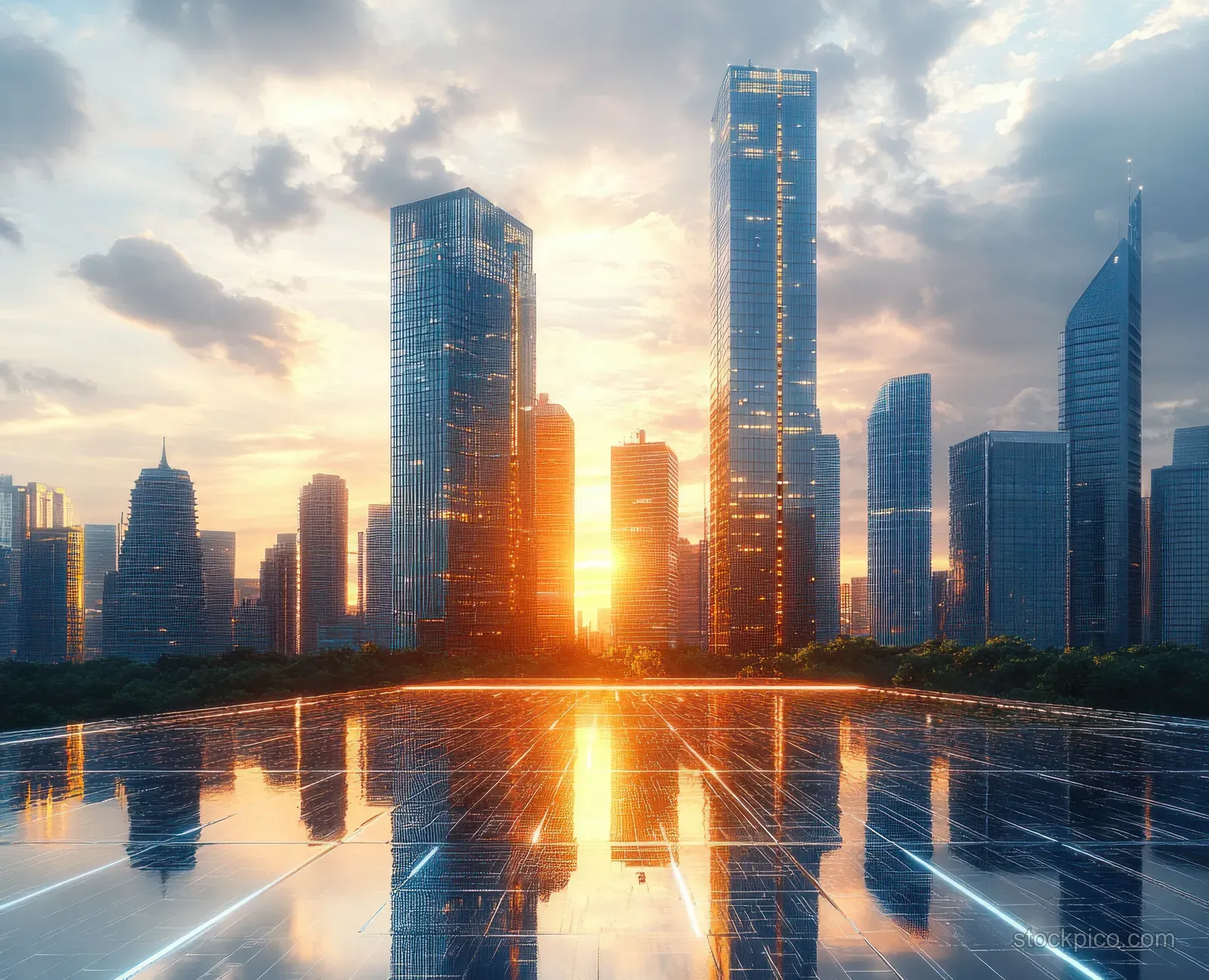 Sunset over modern glass skyscrapers, their lights reflected on a glossy tiled surface in a city skyline scene.