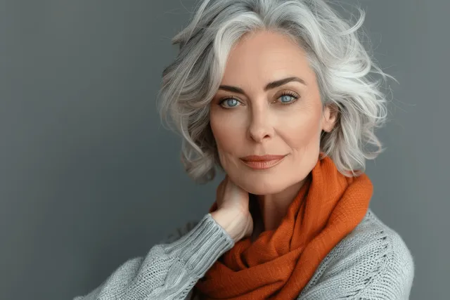 Smiling mature woman with grey hair posing in a knit sweater and orange scarf against a neutral studio backdrop.