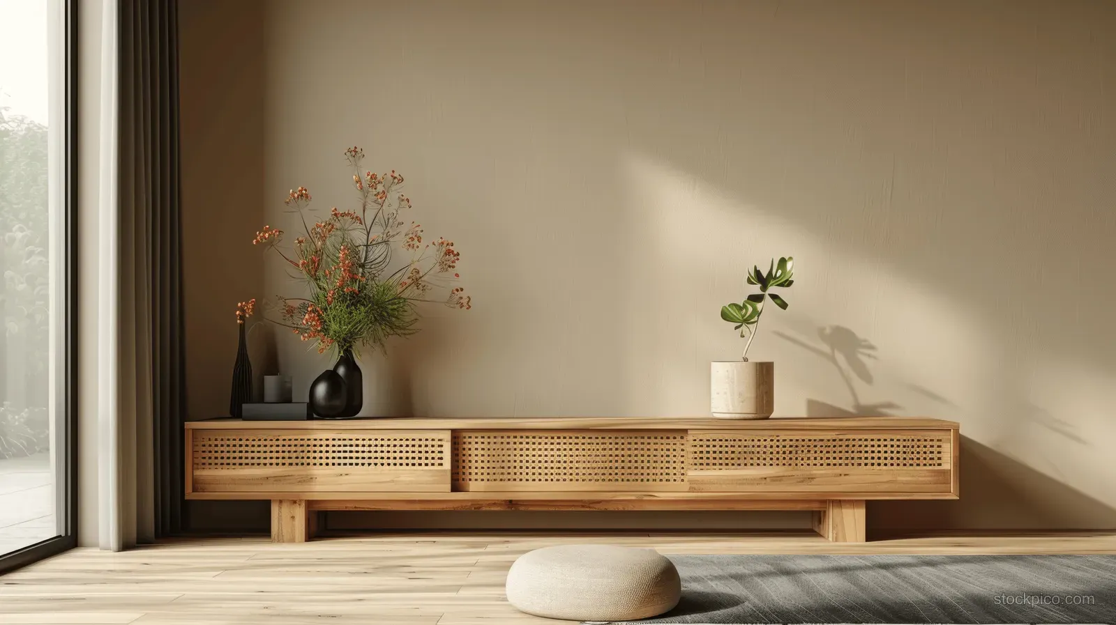 Minimalist living room with a light wooden cabinet, potted plants, neutral wall, and soft sunlight from the left.