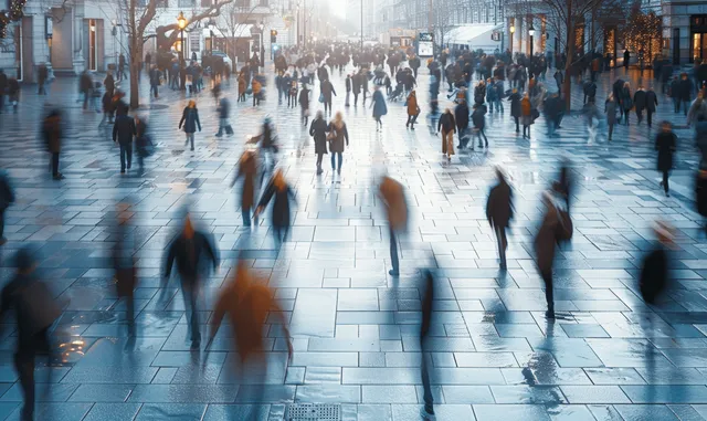 Blurred commuters walk through a rainy city square with wet pavement reflections under dusk lights.