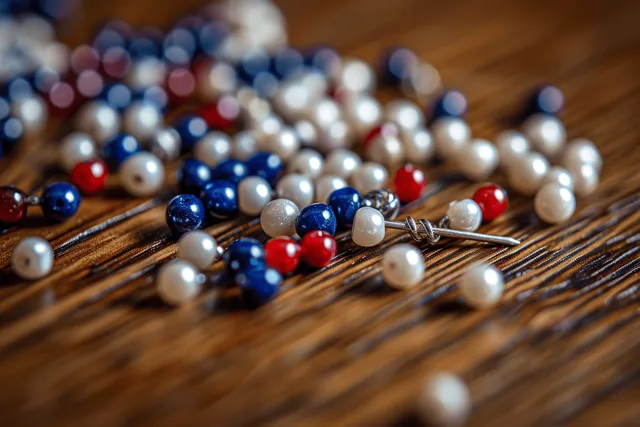 Macro photo of colorful beads and safety pin resting on wooden table with bokeh blur