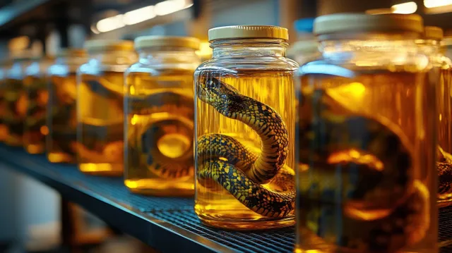 Coiled preserved snake in a glass jar filled with yellow fluid on a shelf under warm museum lighting.