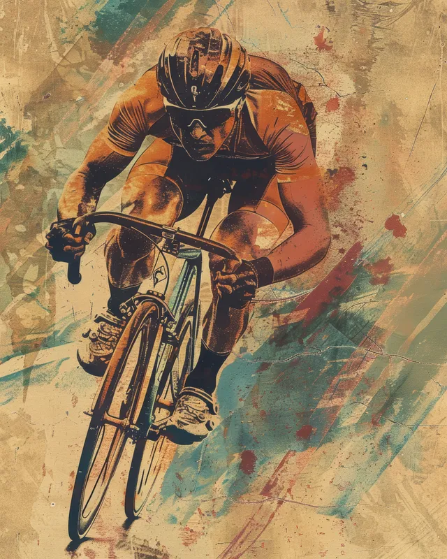 Vintage-style portrait of a Dutch sprinter cycling on a track bike with dynamic speed lines behind.