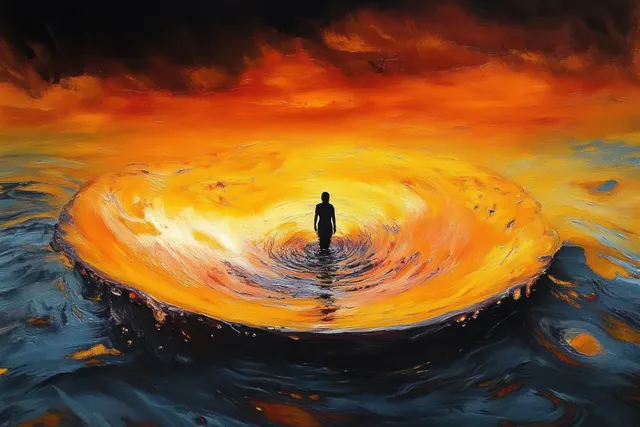A lone silhouette stands on dark waves as a glowing orange and yellow vortex swirls behind it under a dramatic sky.