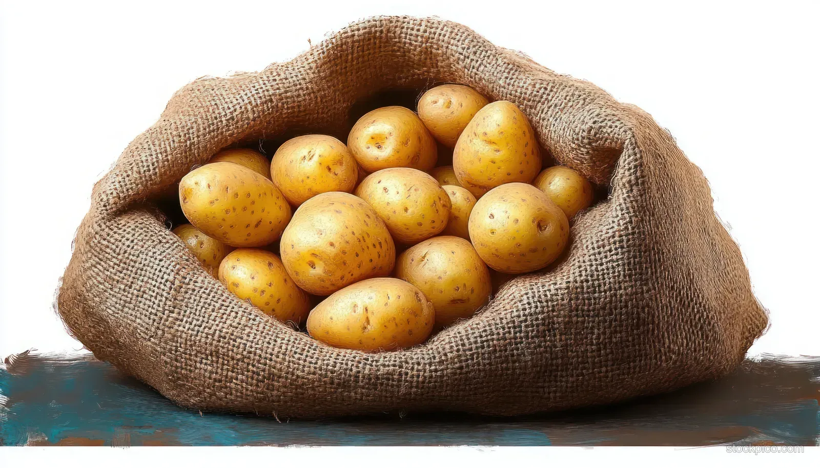 Brown potatoes fill an open burlap sack on a wooden surface with a clean white background.