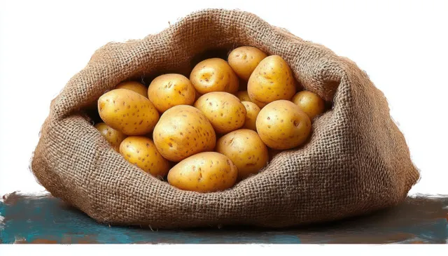 Brown potatoes fill an open burlap sack on a wooden surface with a clean white background.