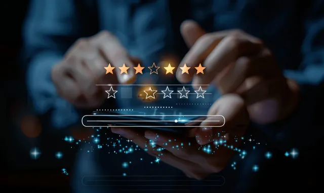 Hand tapping a smartphone with glowing star rating and feedback survey UI