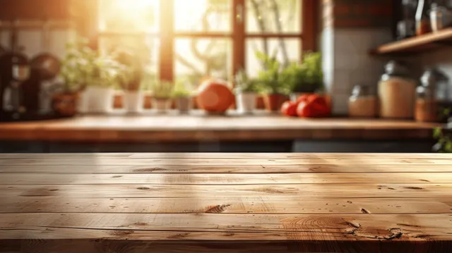 Empty wooden tabletop in a sunlit modern kitchen with blurred counter background