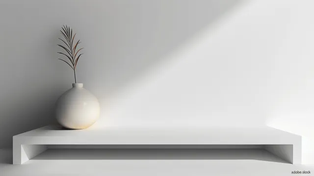 Minimal white tabletop shelf with vase against light gray wall
