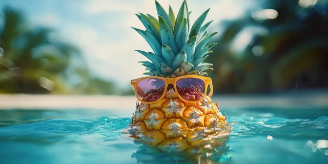 A pineapple wearing sunglasses floats in turquoise water with sunlit ripples and reflections.