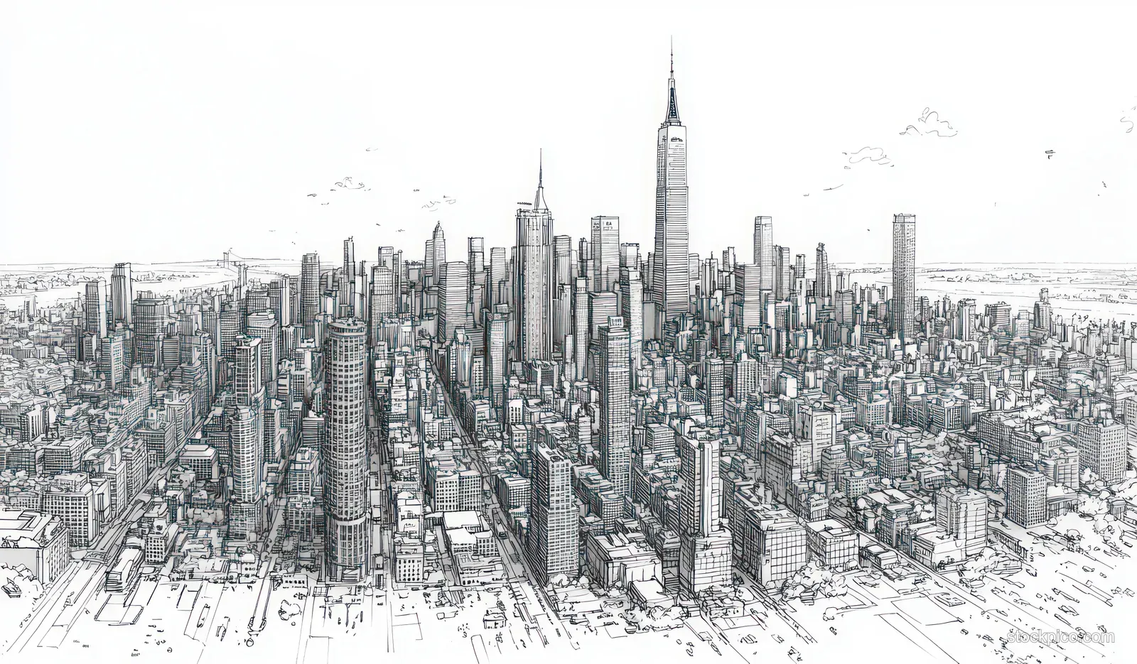 Black-ink aerial sketch of a dense city skyline with tall buildings and a central skyscraper spire.