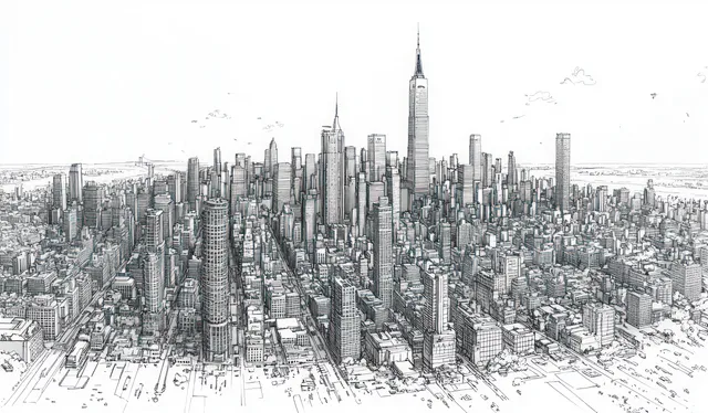 Black ink aerial skyline sketch of Manhattan with detailed skyscraper linework and sharp perspective