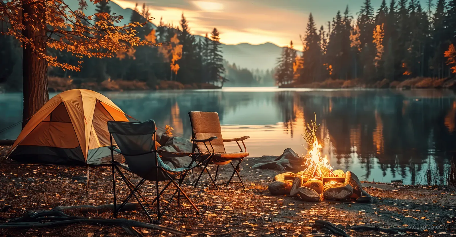 Campfire burns near a tent and folding chairs on a lakeshore at dusk with autumn trees reflected in water.