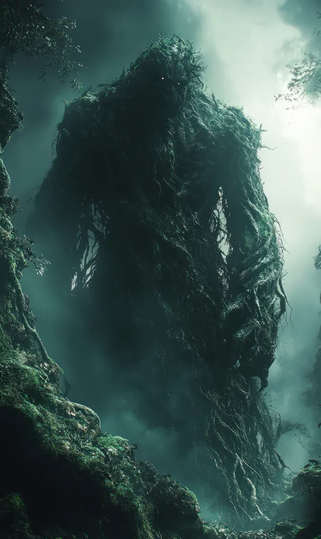 A dark humanoid forest guardian rises from an ancient tree among mist, moss, and hanging vines.