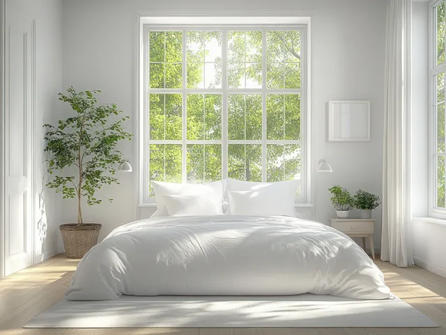 Scandinavian bedroom with large window grid, bright natural light, white bedding, and gold-accented furniture.