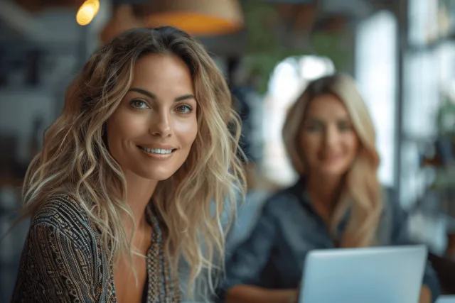 Multicultural businesswomen reviewing data on laptops in bright modern office meeting room
