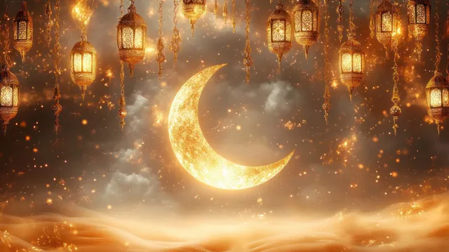 A glowing crescent moon is surrounded by ornate hanging lanterns emitting warm golden light in misty clouds with sparkles.