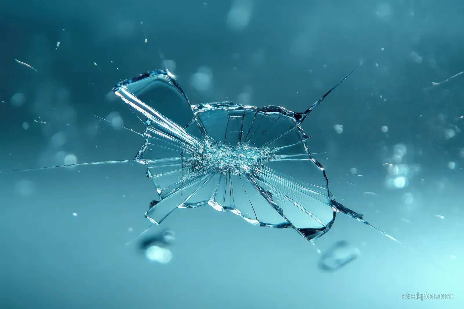 Macro view of a cracked windshield with spiderweb fracture lines and scattered glass fragments on a blue backdrop.