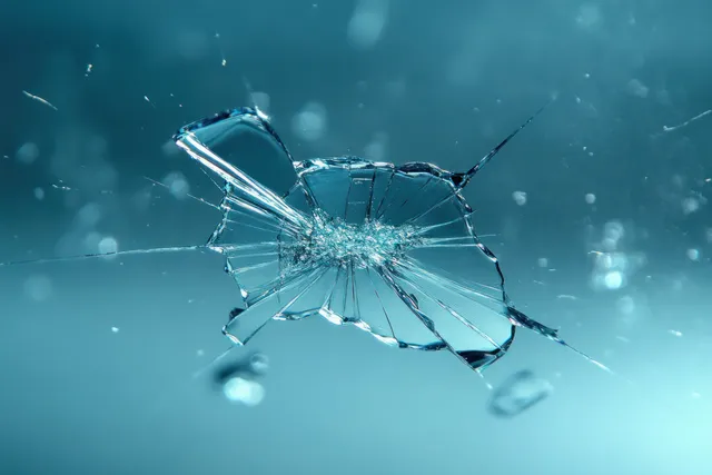 Macro view of a cracked windshield with spiderweb fracture lines and scattered glass fragments on a blue backdrop.