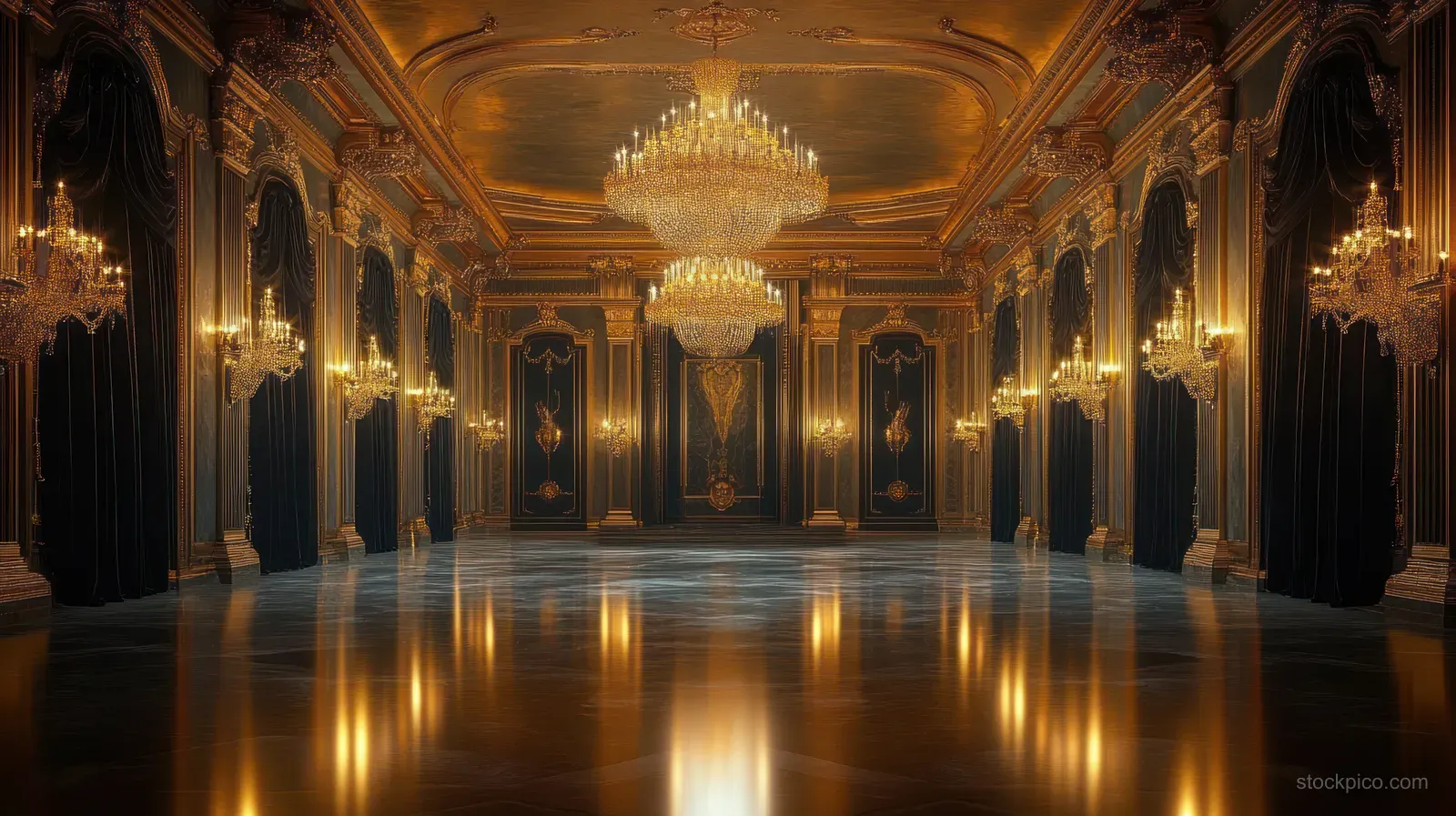 Ornate grand ballroom interior with sparkling chandeliers, dark drapes, and warm golden reflections on a polished floor.