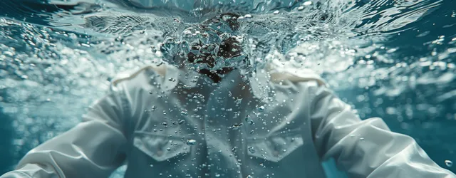 A white shirt floats underwater, surrounded by bubbles, splashes, and swirling soap foam.